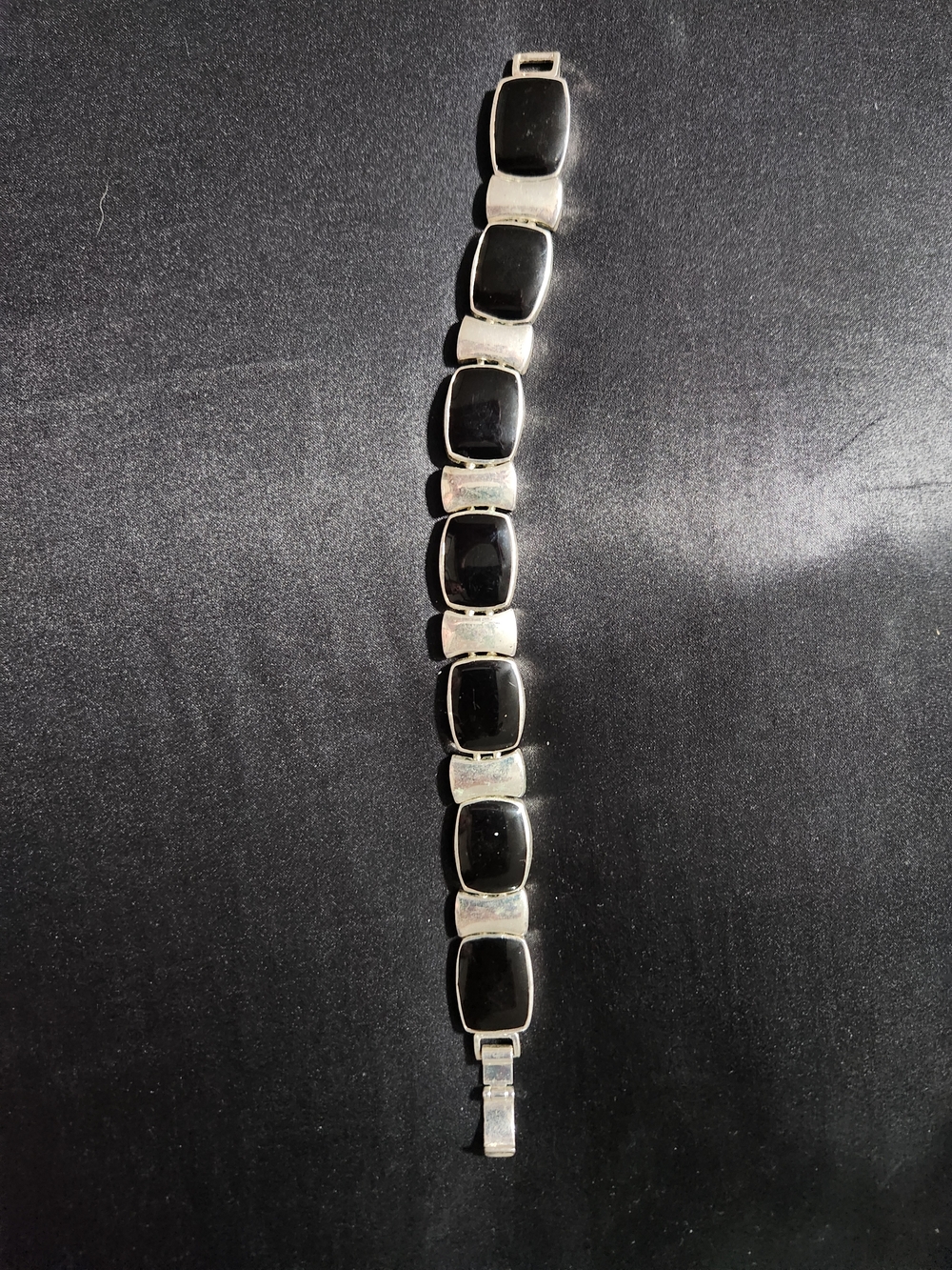 Black Stone Silver Tone Link Bracelet